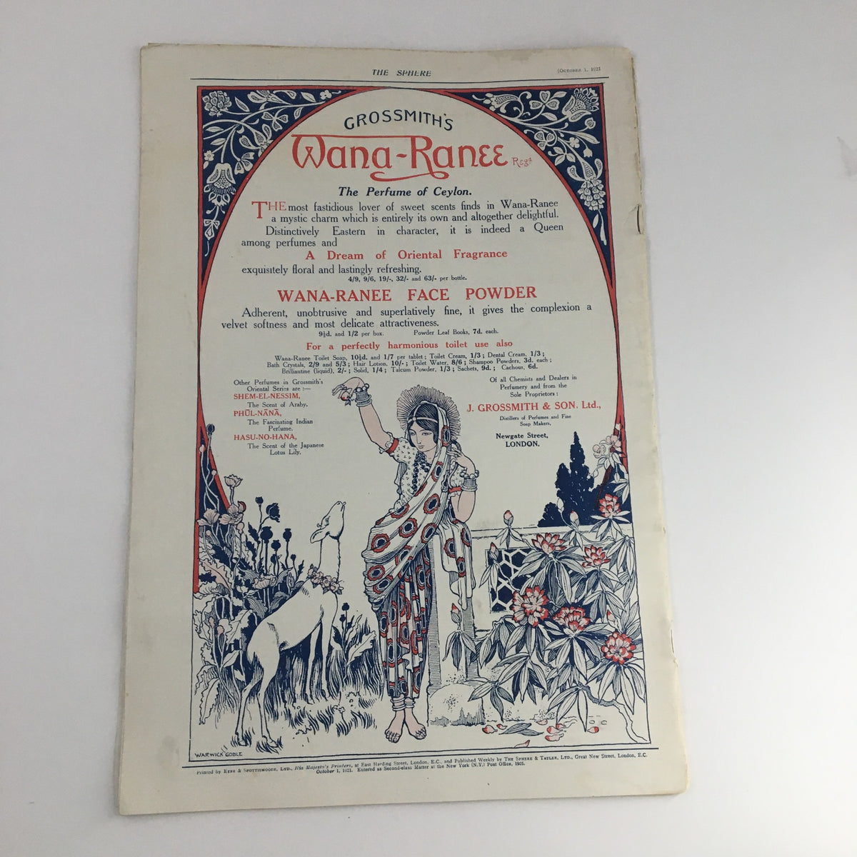 Back cover of The Sphere Newspaper dated October 1, 1921, featuring a colorful advertisement for Wana-Ranee face powder, illustrating marketing styles and graphic design of the period.