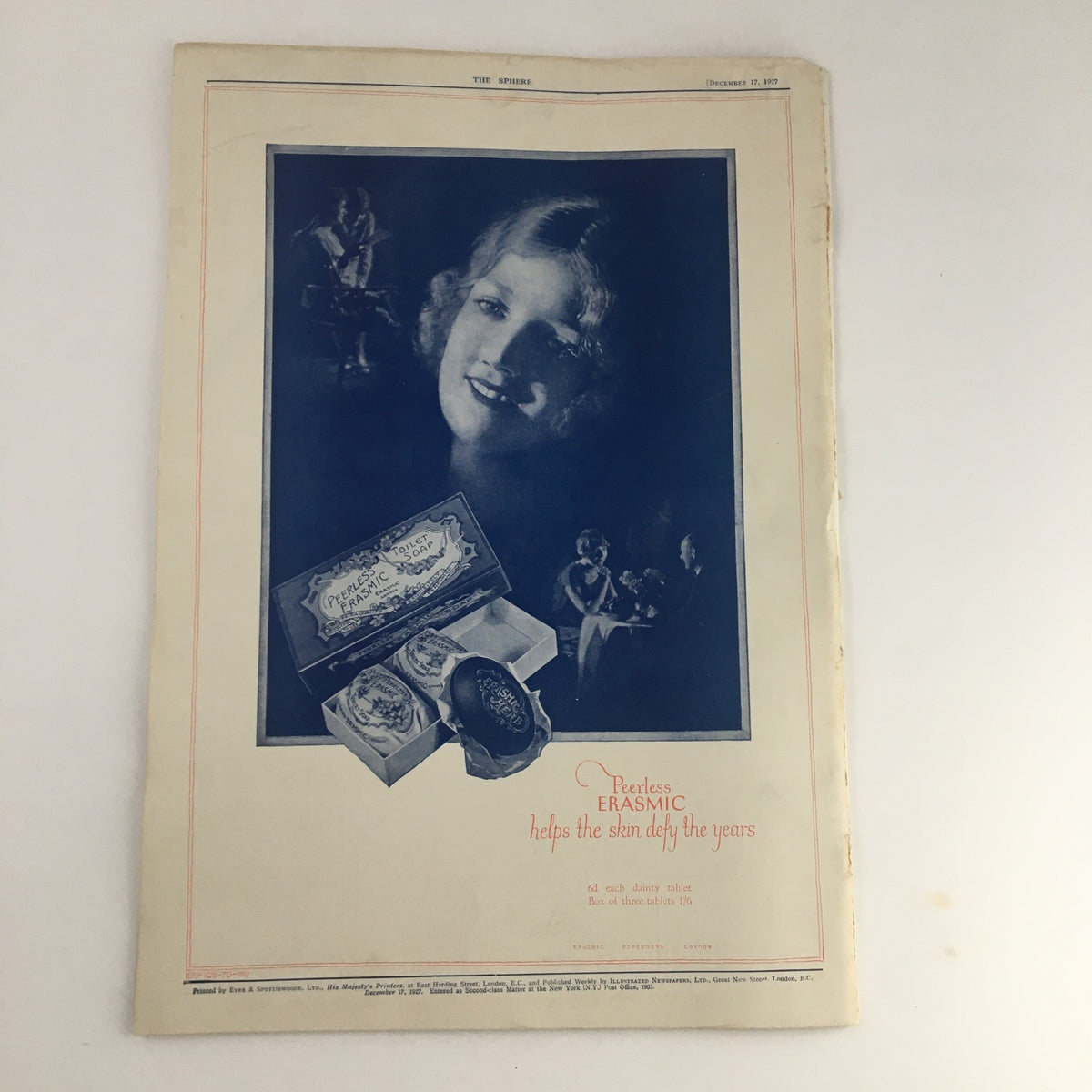 Back cover of The Sphere Newspaper December 27 1927, featuring a vintage advertisement and a portrait of a woman.