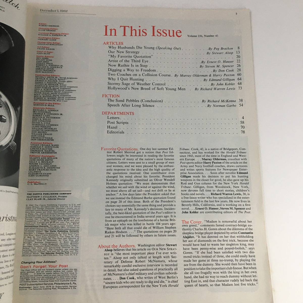 Interior page of The Saturday Evening Post December 1, 1962 showcasing the table of contents with various articles and features from that issue.
