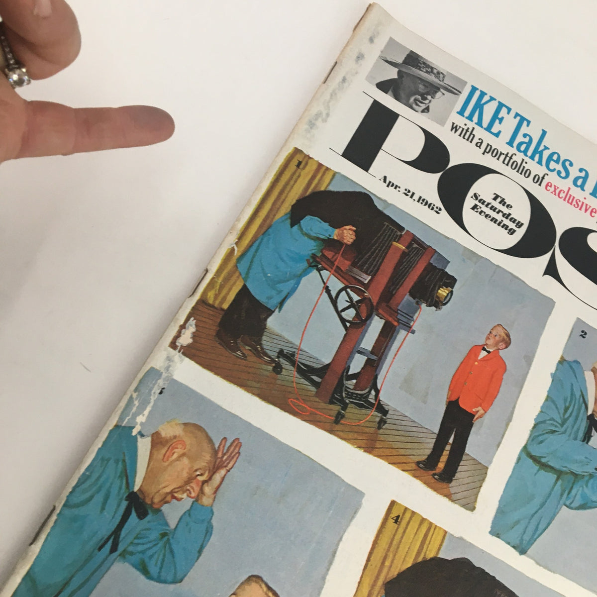 Detail of the cover of The Saturday Evening Post from April 21, 1962, highlighting the title 'IKE Takes a Look at the GOP' with illustrations depicting humorous photography scenarios.
