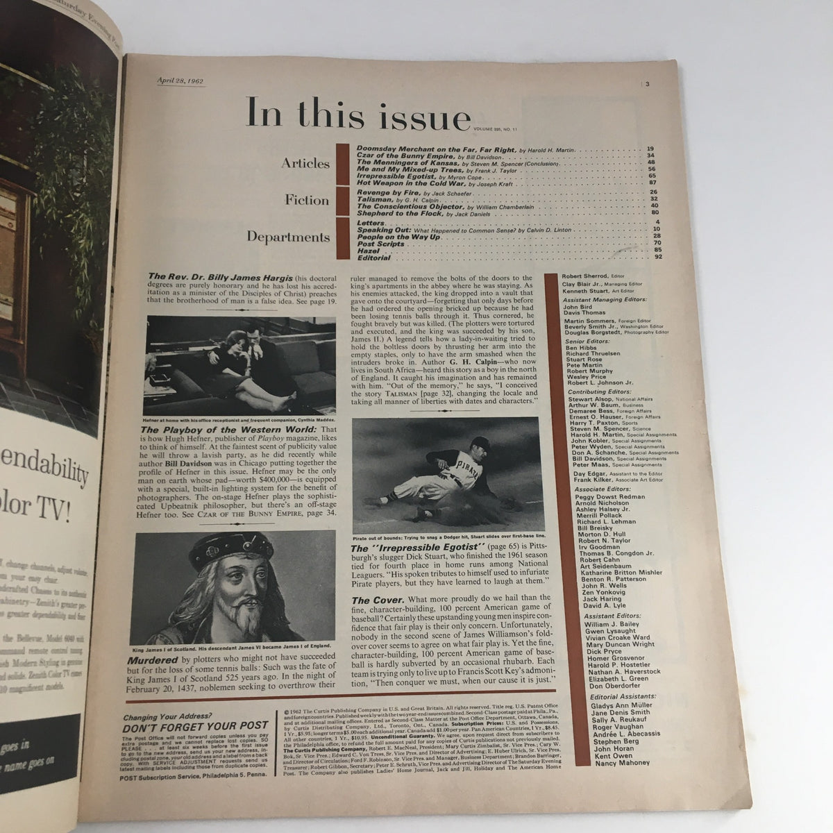 Interior page of The Saturday Evening Post April 28, 1962, listing articles and features, reflecting the content and style of mid-20th century magazine publishing.