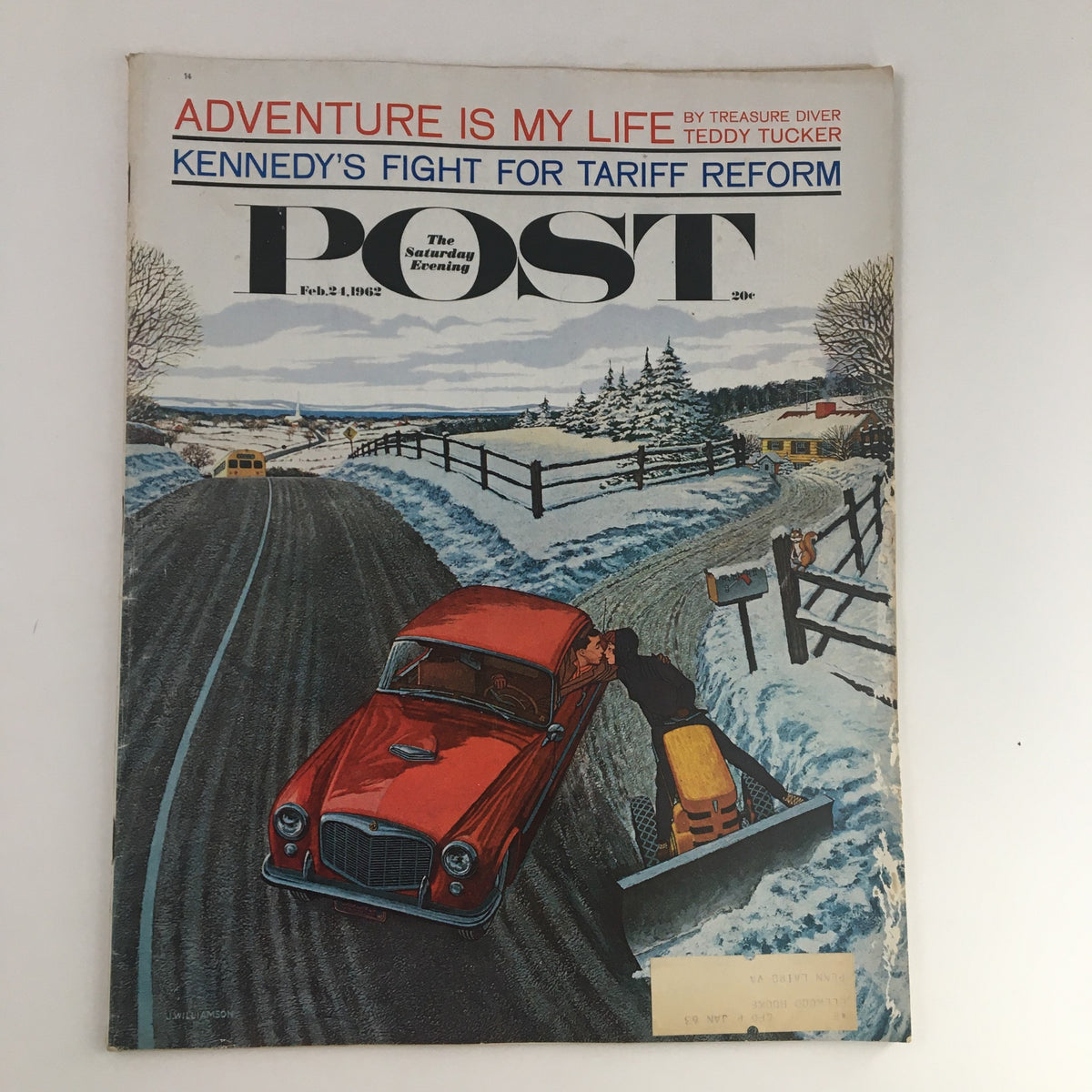 Cover of The Saturday Evening Post February 21, 1962, featuring a snowy landscape with a red car and a snowplow, illustrating the theme 'These Machine-Age Connecticut Yankees'.