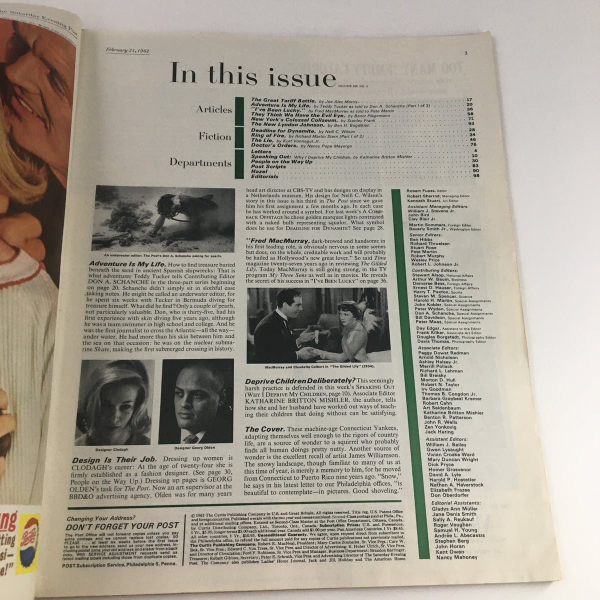 Interior page from The Saturday Evening Post February 21, 1962, displaying the table of contents with article titles like 'Adventure is My Life' and 'Depriving Children Deliberately'.
