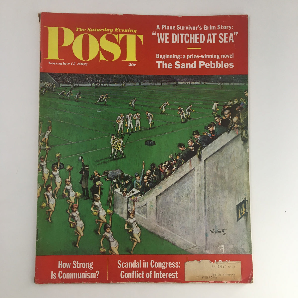 Cover of The Saturday Evening Post from November 17, 1962, featuring artwork by Thornton Utz, depicting a lively football scene with cheerleaders and spectators.