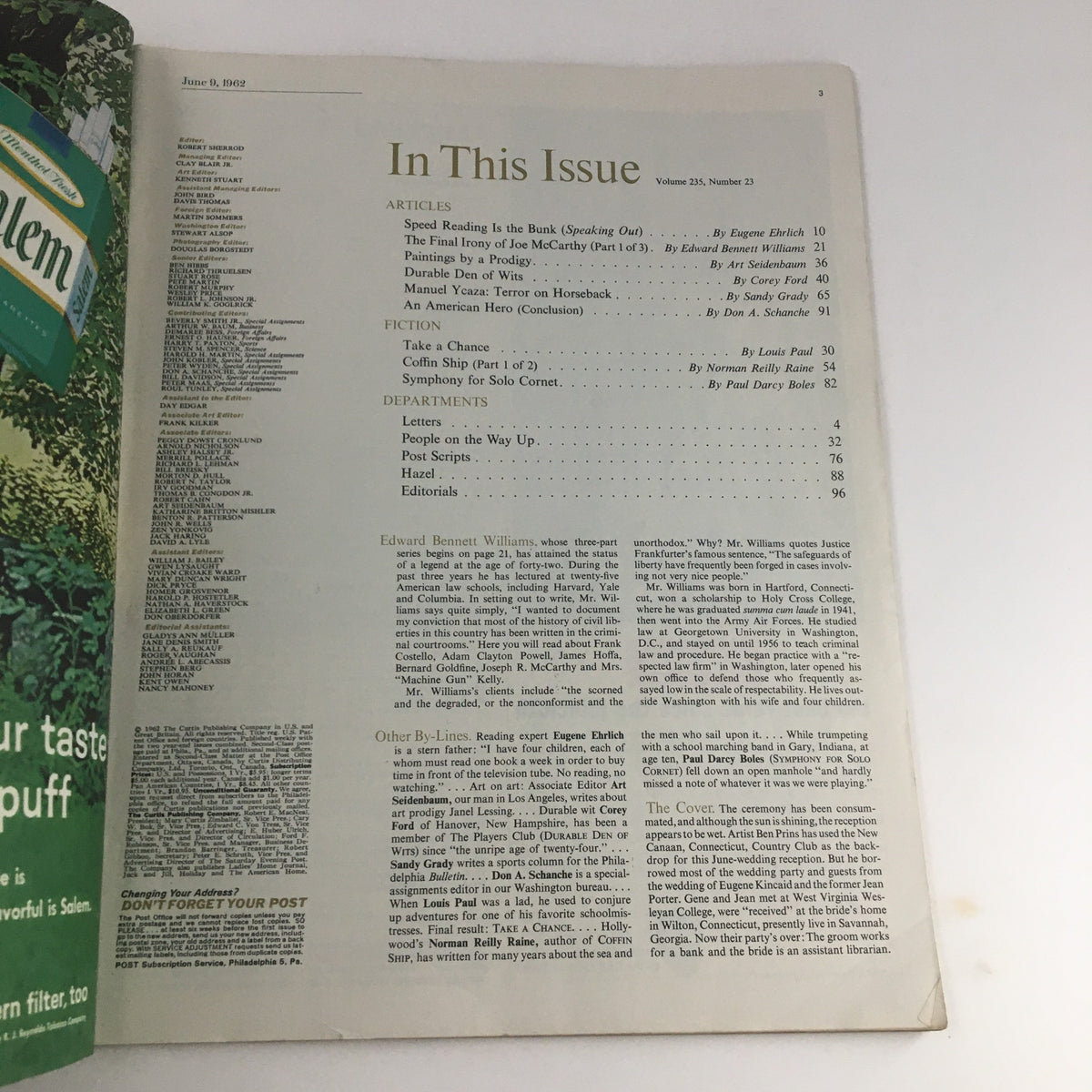 Inside page of The Saturday Evening Post, June 9, 1962, displaying the table of contents with the featured articles, including 'The Final Irony of Joe McCarthy', reflecting the magazine's focus on notable political figures and events.