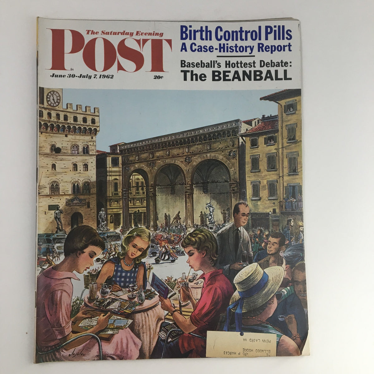 The Saturday Evening Post June 30, 1962 cover featuring the iconic title and a detailed illustration of a group of women dining outdoors while discussing a case-history report on birth control pills.