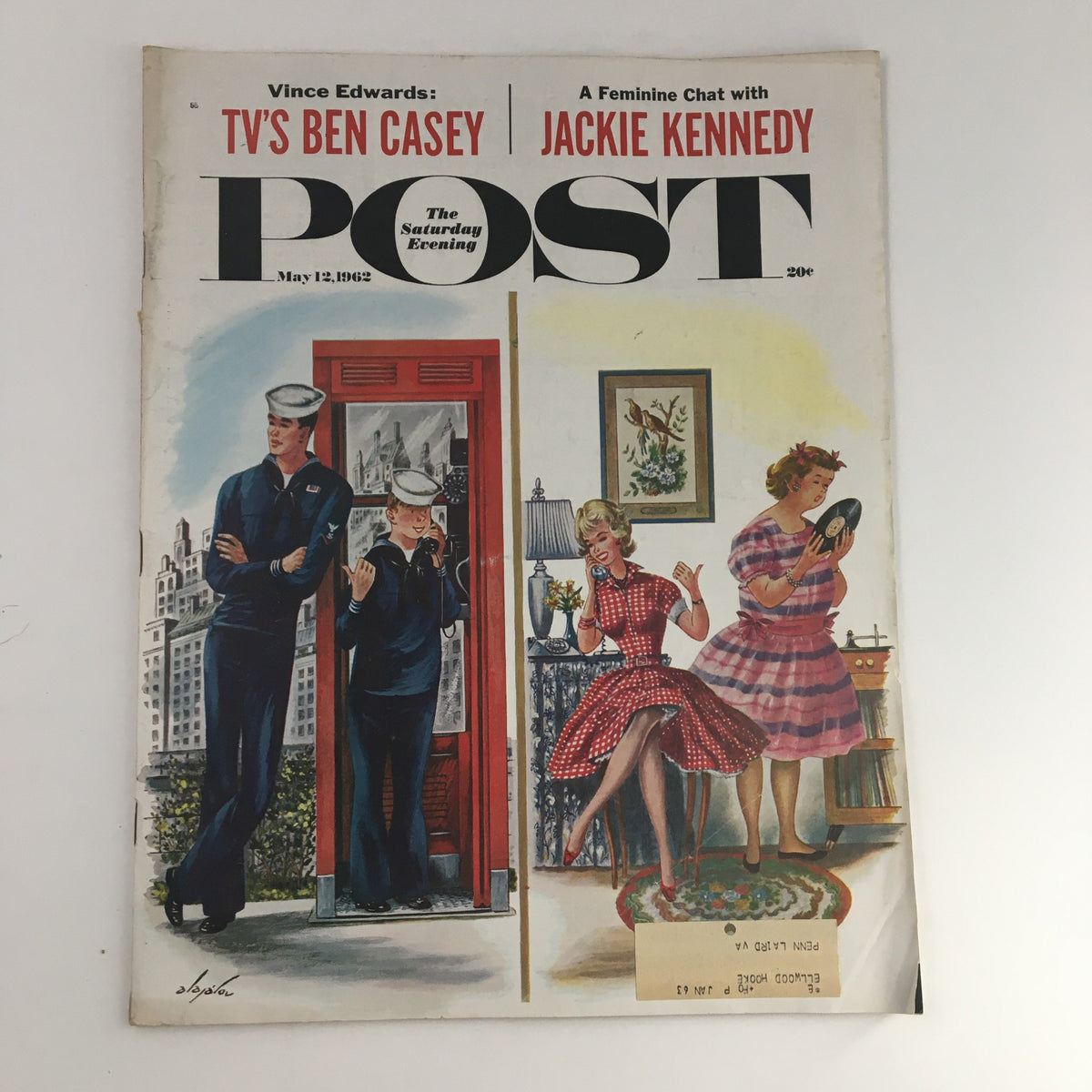 Cover of The Saturday Evening Post from May 12, 1962 featuring TV's Ben Casey and Jackie Kennedy, showcasing illustrated scenes of women in vintage dresses and sailors, emblematic of 1960s Americana.