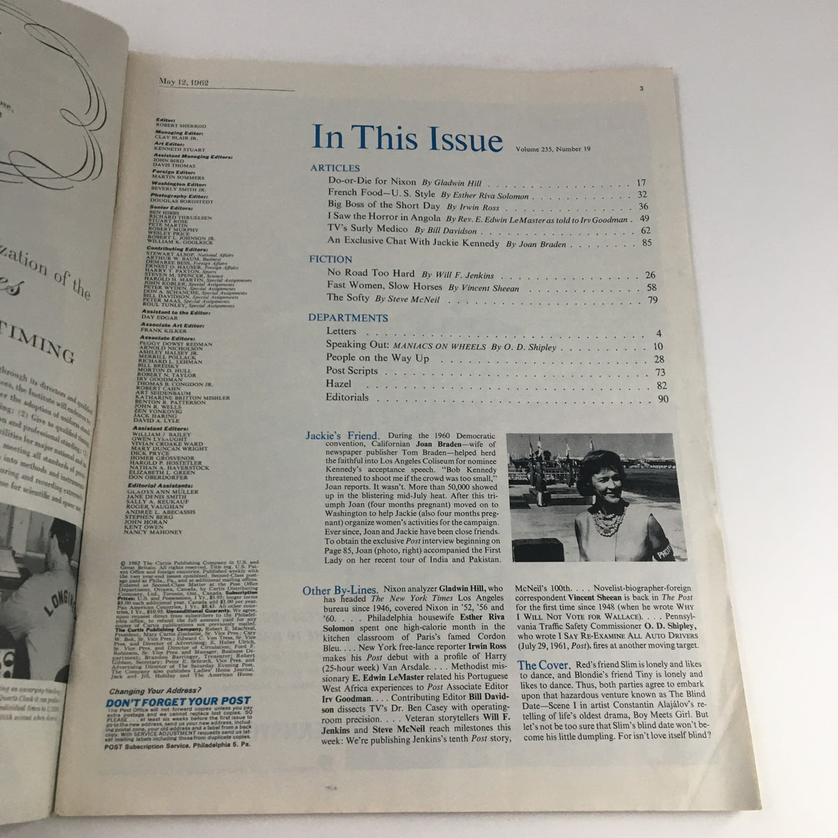 Inside page of The Saturday Evening Post May 12 1962 featuring the table of contents, including articles and features like an exclusive chat with Jackie Kennedy.