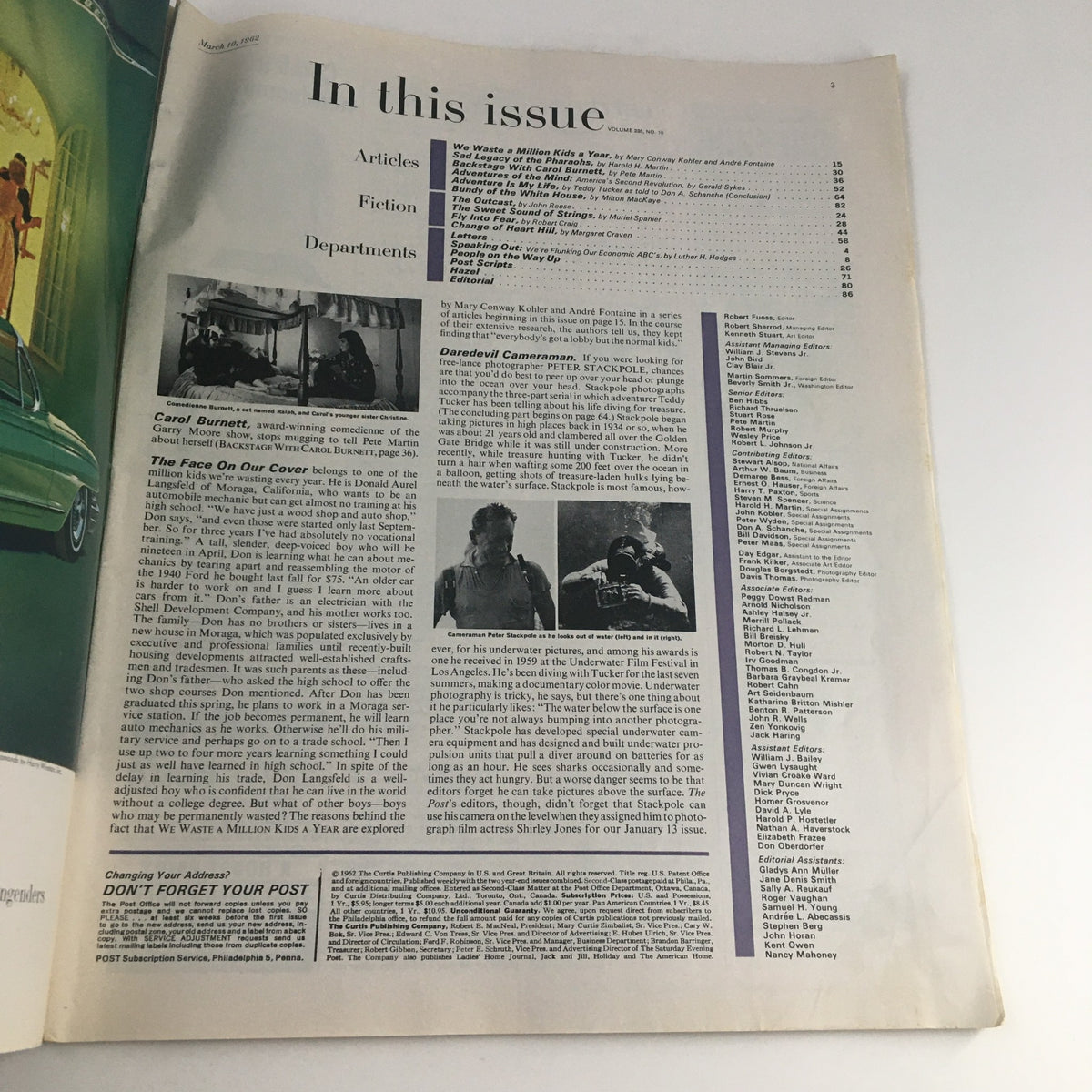 Interior page of The Saturday Evening Post March 10, 1962, featuring an index listing articles including 'We Waste A Million Kids A Year', providing insights into the topics covered in this vintage magazine.