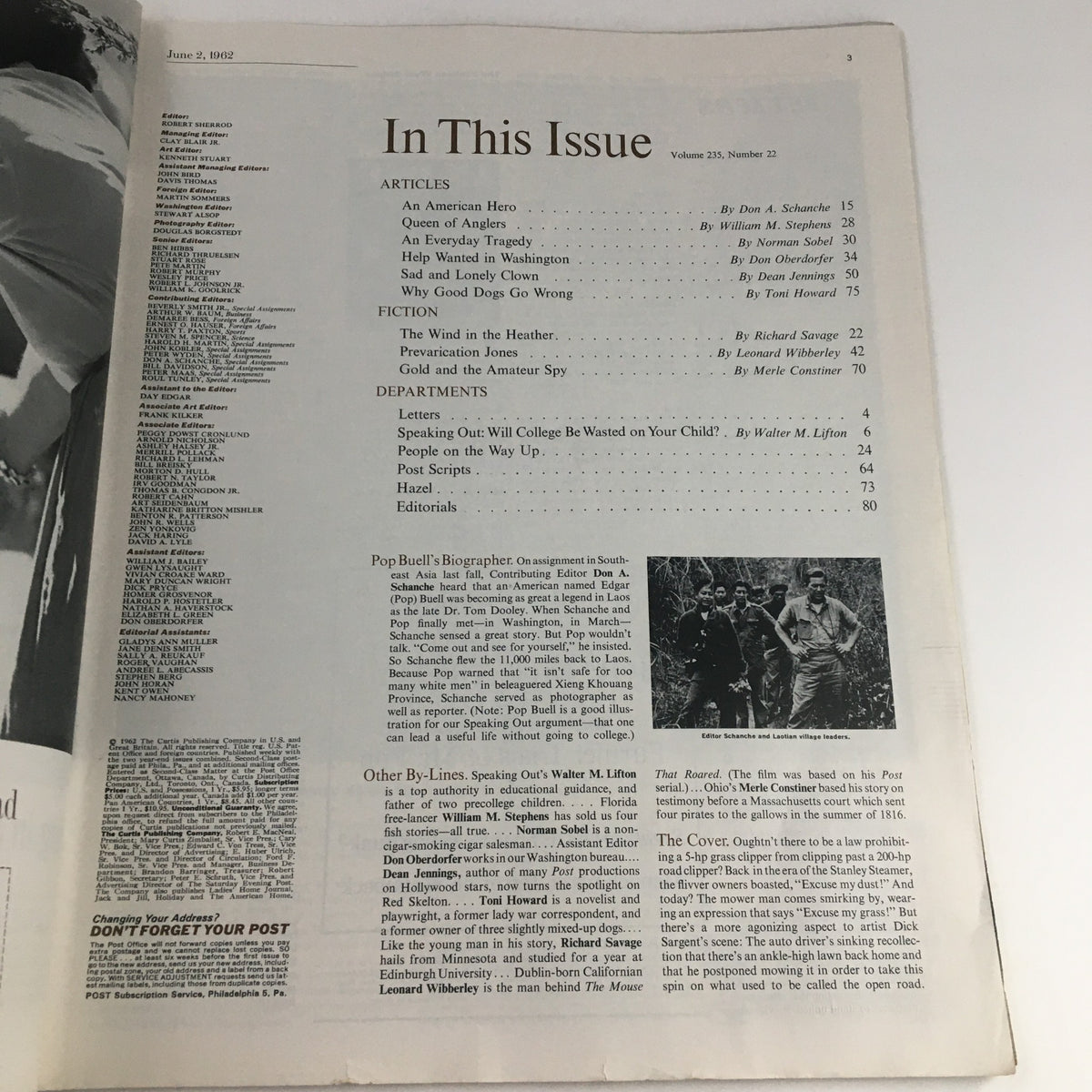 Inside page of The Saturday Evening Post from June 2, 1962, displaying the table of contents with listings of articles including 'An American Hero'.