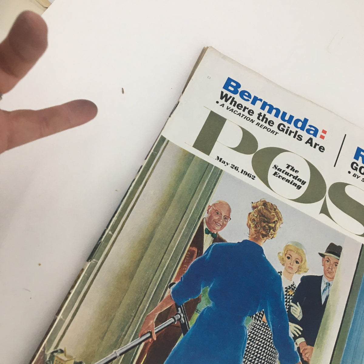 Cover of The Saturday Evening Post May 26 1962 featuring the article 'Bermuda: Where The Girls Are' with colorful illustrations and people depicted.