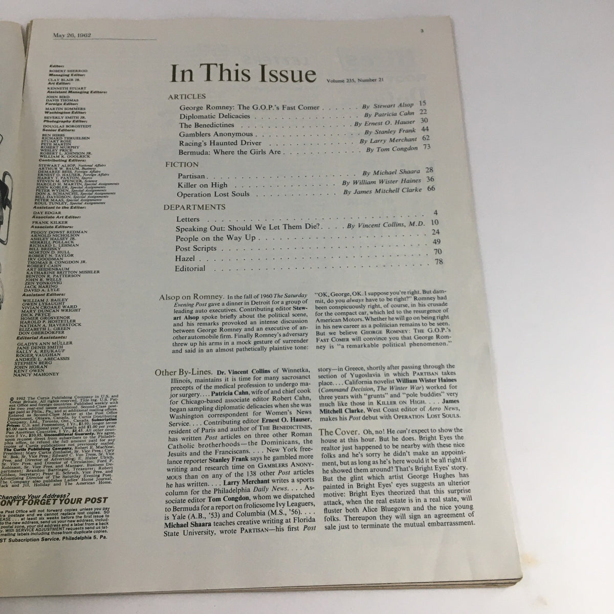 Table of contents page from The Saturday Evening Post May 26 1962 detailing the articles including 'Bermuda: Where The Girls Are'.