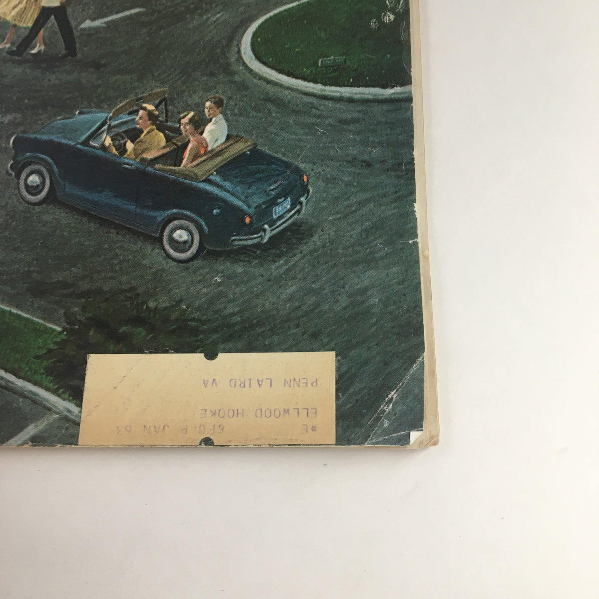 Detail of The Saturday Evening Post cover from May 19, 1962, highlighting a convertible car and figures in period attire, reflecting the cultural themes of the issue on communism's failures.