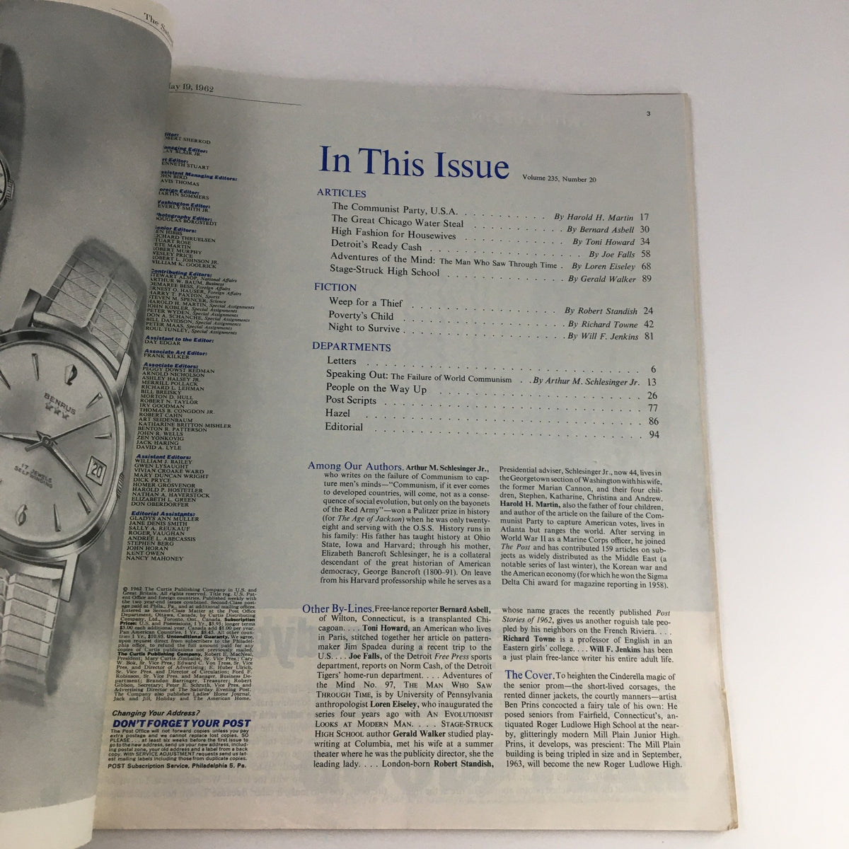 Inside page of The Saturday Evening Post from May 19, 1962, presenting the table of contents, emphasizing articles and stories related to communism and American society during the 1960s.