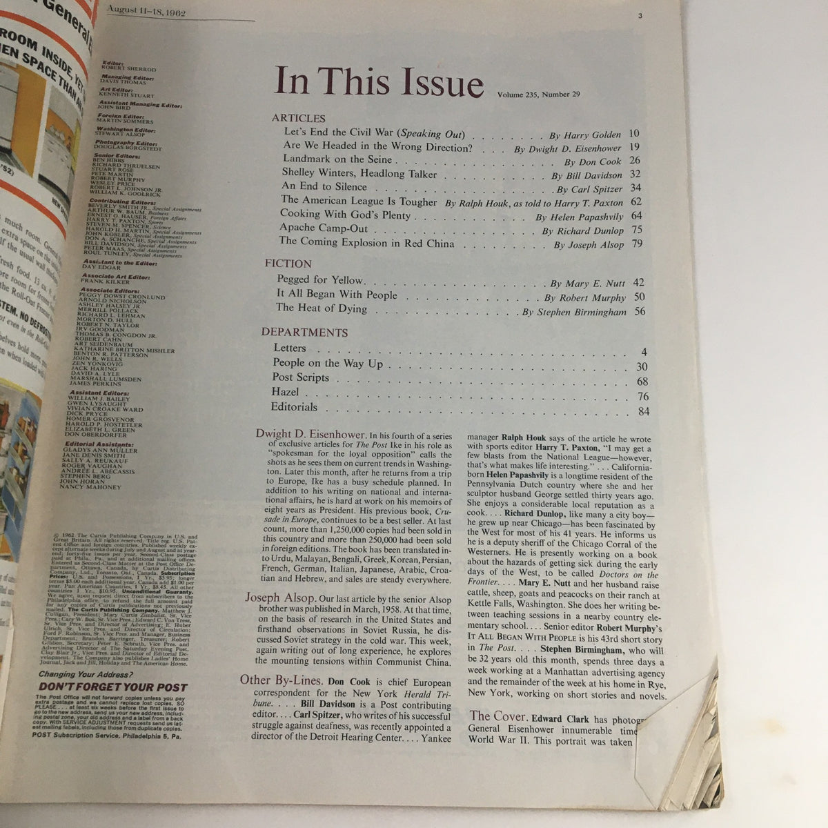 Inside page of The Saturday Evening Post August 11 1962 listing articles including Dwight Eisenhower's piece; highlights the magazine's table of contents.