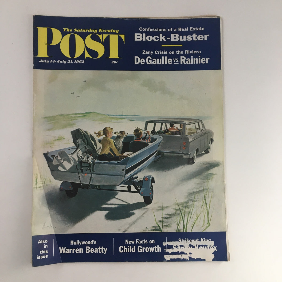 The Saturday Evening Post July 14 1962 cover featuring Charles De Gaulle vs Prince Rainier, showcasing a vintage outdoor scene with a boat and family, capturing the essence of the era.