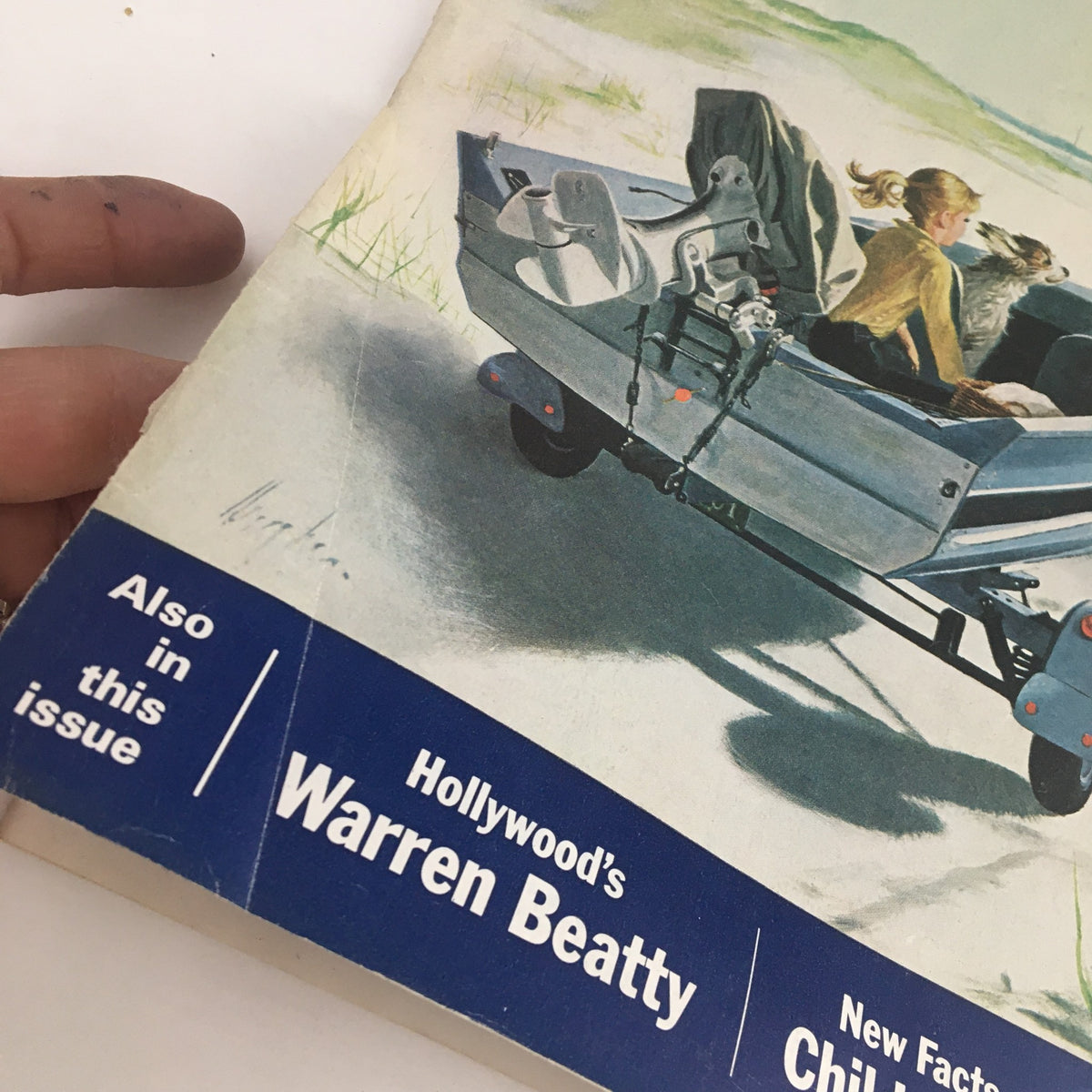 Cover detail of The Saturday Evening Post July 14 1962 featuring a vintage illustration with a girl, dog, and boat, highlighting Hollywood's Warren Beatty.