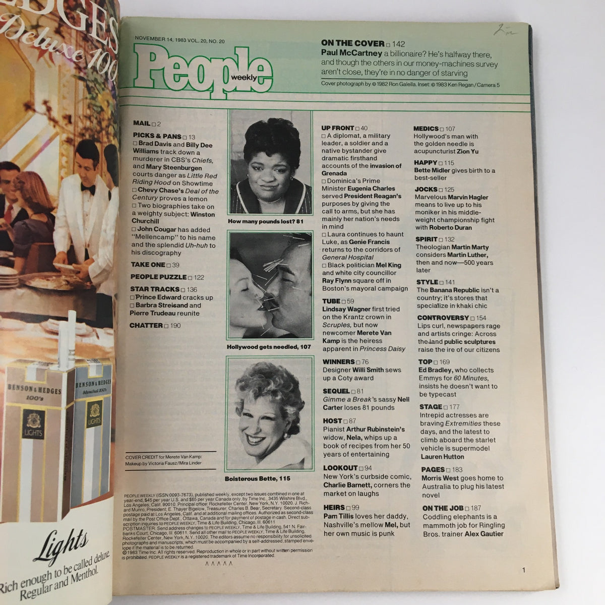 Inside page of People Weekly Magazine November 14 1983 showing the contents list, with articles including Paul McCartney and Bette Midler, reflecting the popular culture of the early 1980s.