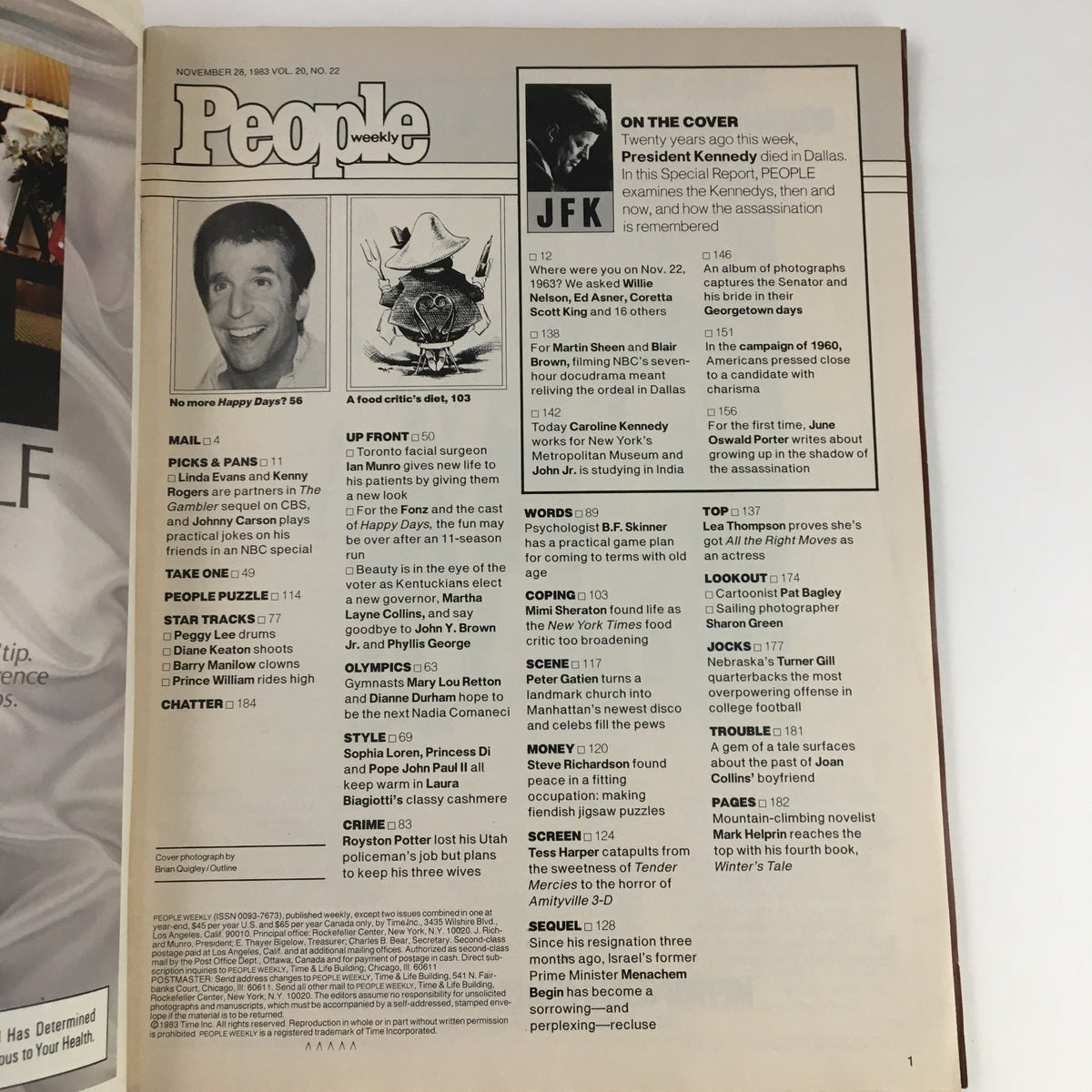 Inside page of People Weekly Magazine November 28 1983, showcasing the contents and articles including a special report on President Kennedy, reflecting cultural significance 20 years after his assassination.