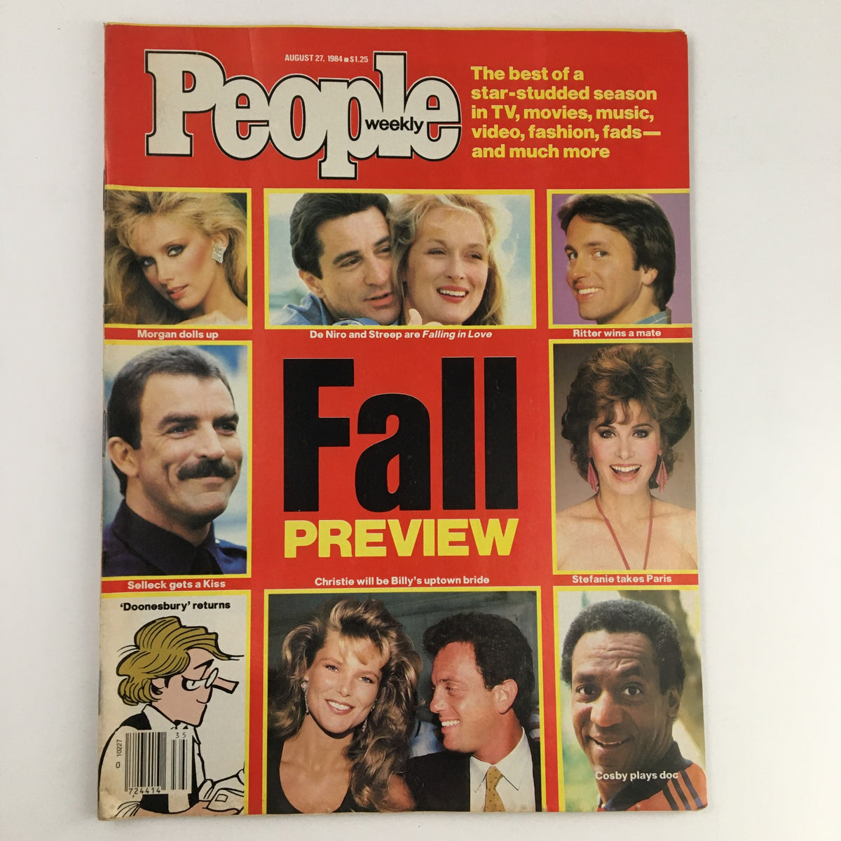 Cover of People Weekly Magazine, August 27, 1984, featuring Robert De Niro and Meryl Streep with bold text reading 'Fall Preview.' The magazine highlights major stars of the 1980s, making it a significant collectible for vintage magazine enthusiasts.