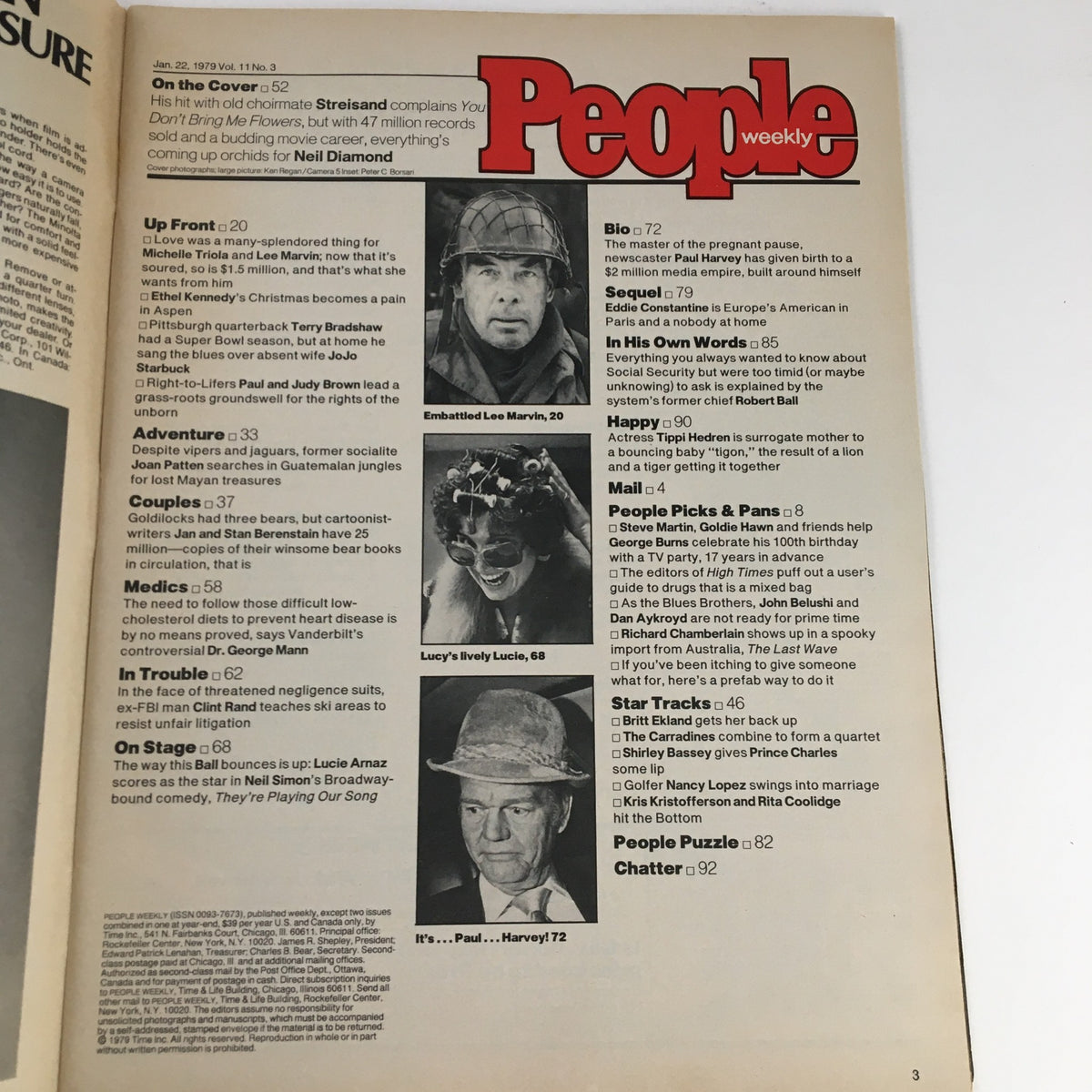 Interior page of People Weekly Magazine January 22, 1979, displaying various articles including features on Neil Diamond and Barbra Streisand. The layout emphasizes celebrity culture and memorable stories from the era.