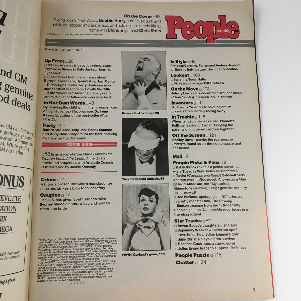 Inside page of People Weekly Magazine March 16, 1981, highlighting the contents including articles and features, with a focus on Debbie Harry and Shelley Duvall.