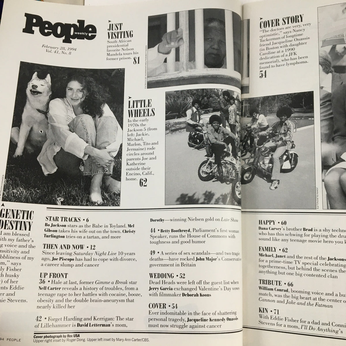 Inside page of People Weekly Magazine from February 28, 1994 featuring articles and a photo of a woman with a dog, showcasing sections like 'Star Tracks' and 'Cover Story' about Jackie Onassis and Caroline Kennedy.