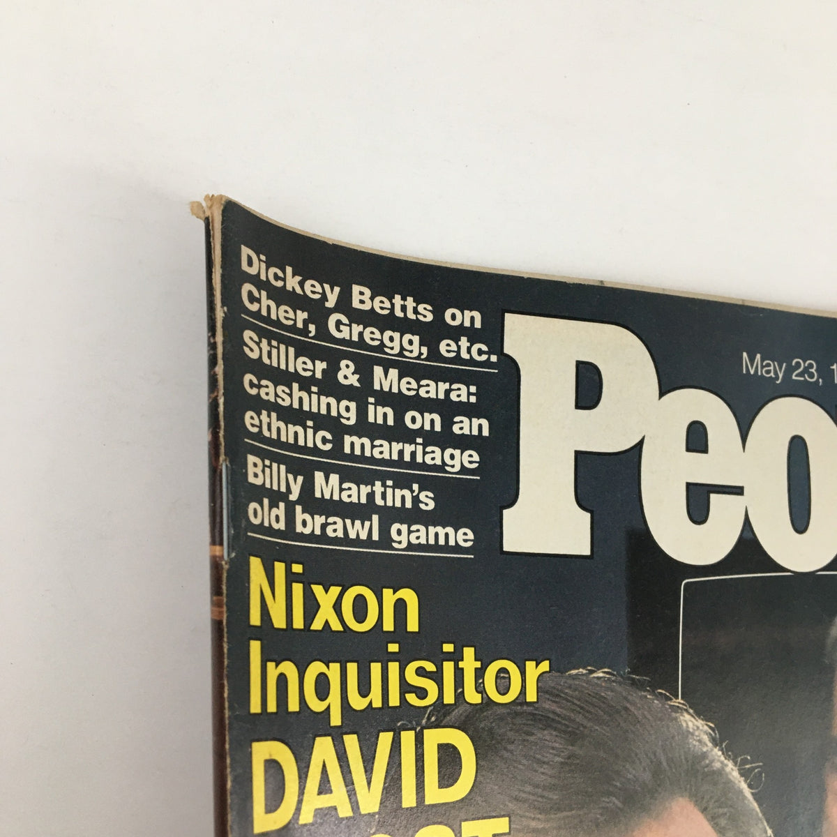 Close-up view of People Weekly Magazine May 23, 1977, highlighting the cover title featuring Nixon Inquisitor David Frost.