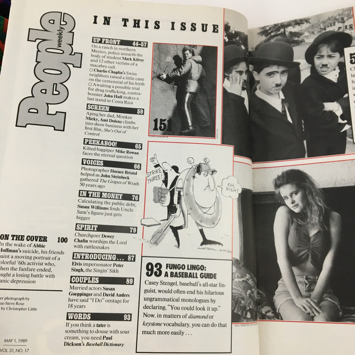 Inside page of People Weekly Magazine from May 1, 1989, detailing magazine content with a focus on Abbie Hoffman and various features including a tribute to others in entertainment and culture.