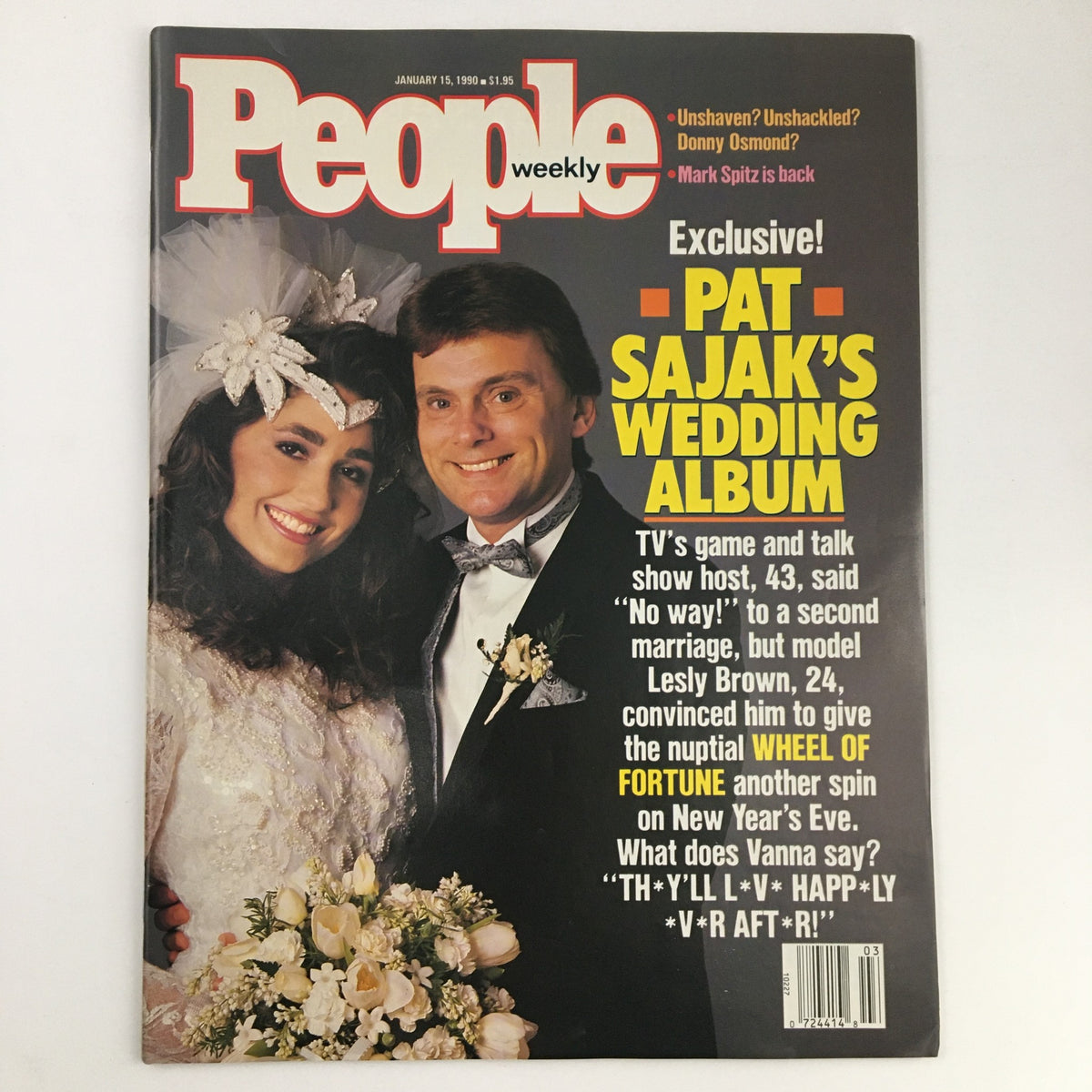 Cover of People Weekly Magazine January 15, 1990, featuring Pat Sajak and Lesly Brown on their wedding day, highlighting Pat Sajak's wedding album, TV personalities, and pop culture moments.
