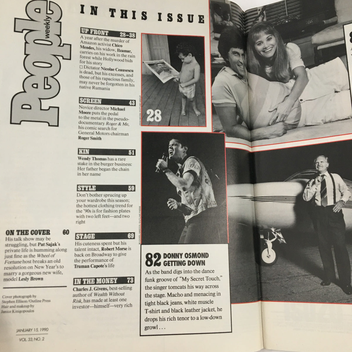 Inside page of People Weekly Magazine January 15, 1990, showcasing contents and highlights including Pat Sajak's wedding and features on Donny Osmond and other popular culture elements of the time.