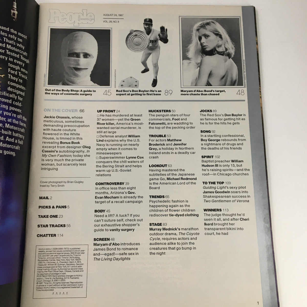People Weekly Magazine August 4 1987 interior page with content layout, highlighting featured articles including Jackie Kennedy's journey and Boy George's impact on pop culture.