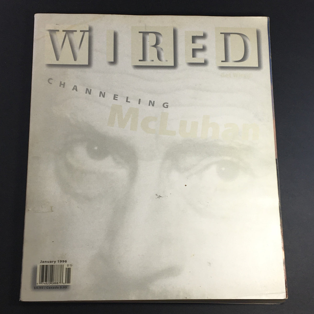 Wired Magazine January 1996 cover showcasing the title 'Wired' and the phrase 'Channeling McLuhan', featuring a close-up graphic design with a prominent image of a human eye, symbolizing the exploration of media and technology.
