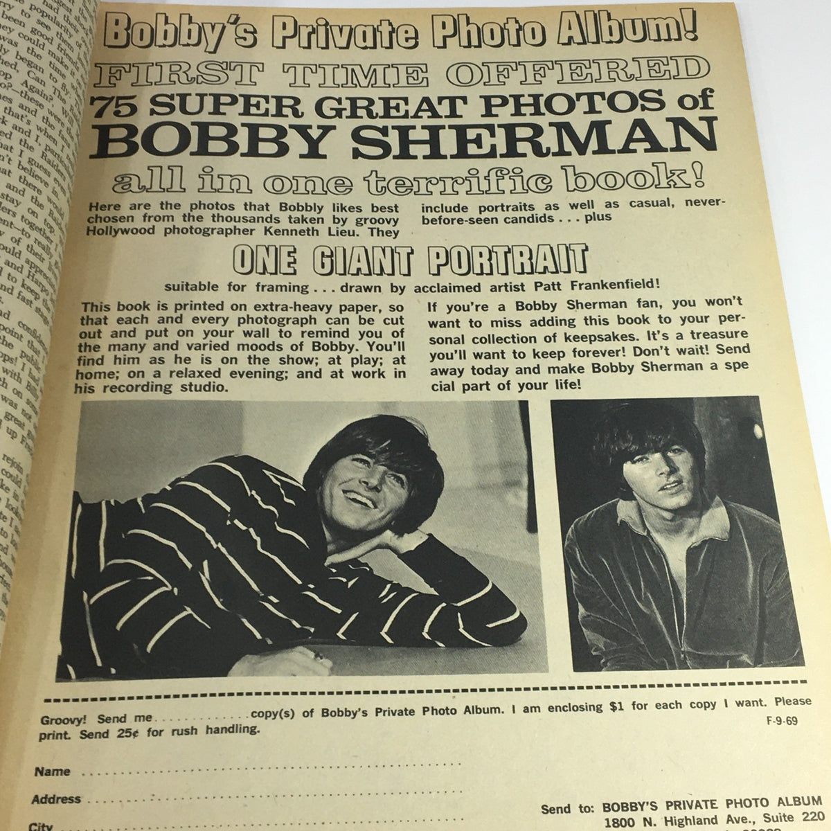 Inside page advertisement of VTG Fave Magazine 1968 Vol 3 #1 promoting Bobby Sherman's photo album, reflecting classic pop culture and memorabilia.