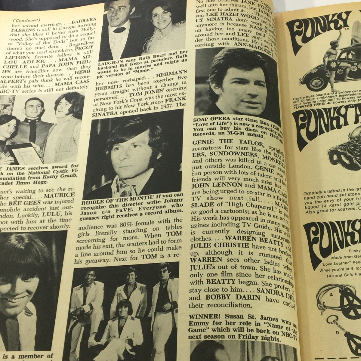 Page from VTG Fave Magazine 1968 Vol 3 #1 featuring celebrity news with images of Bobby Sherman and other stars, showcasing nostalgia and pop culture.