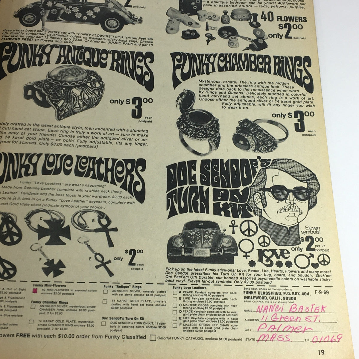 Advertisement for funky antique rings and accessories from VTG Fave Magazine 1968 Vol 3 #1, highlighting unique vintage items popular in the 1960s.