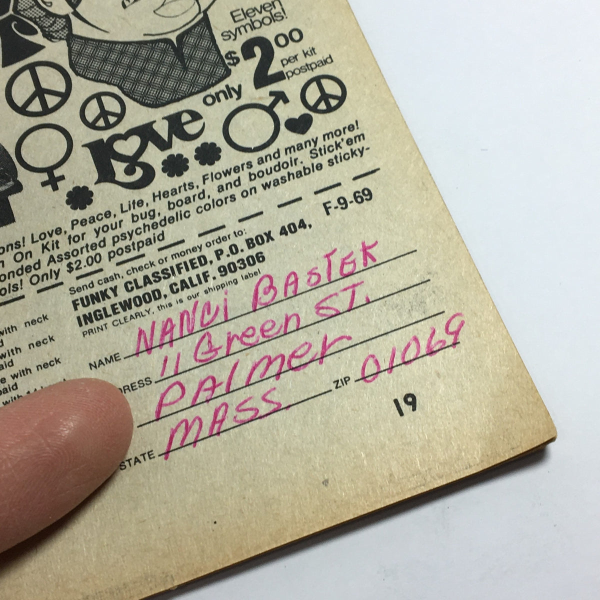 Personalized address card from VTG Fave Magazine 1968 Vol 3 #1 with handwritten details, reflecting the retro design style of the era.