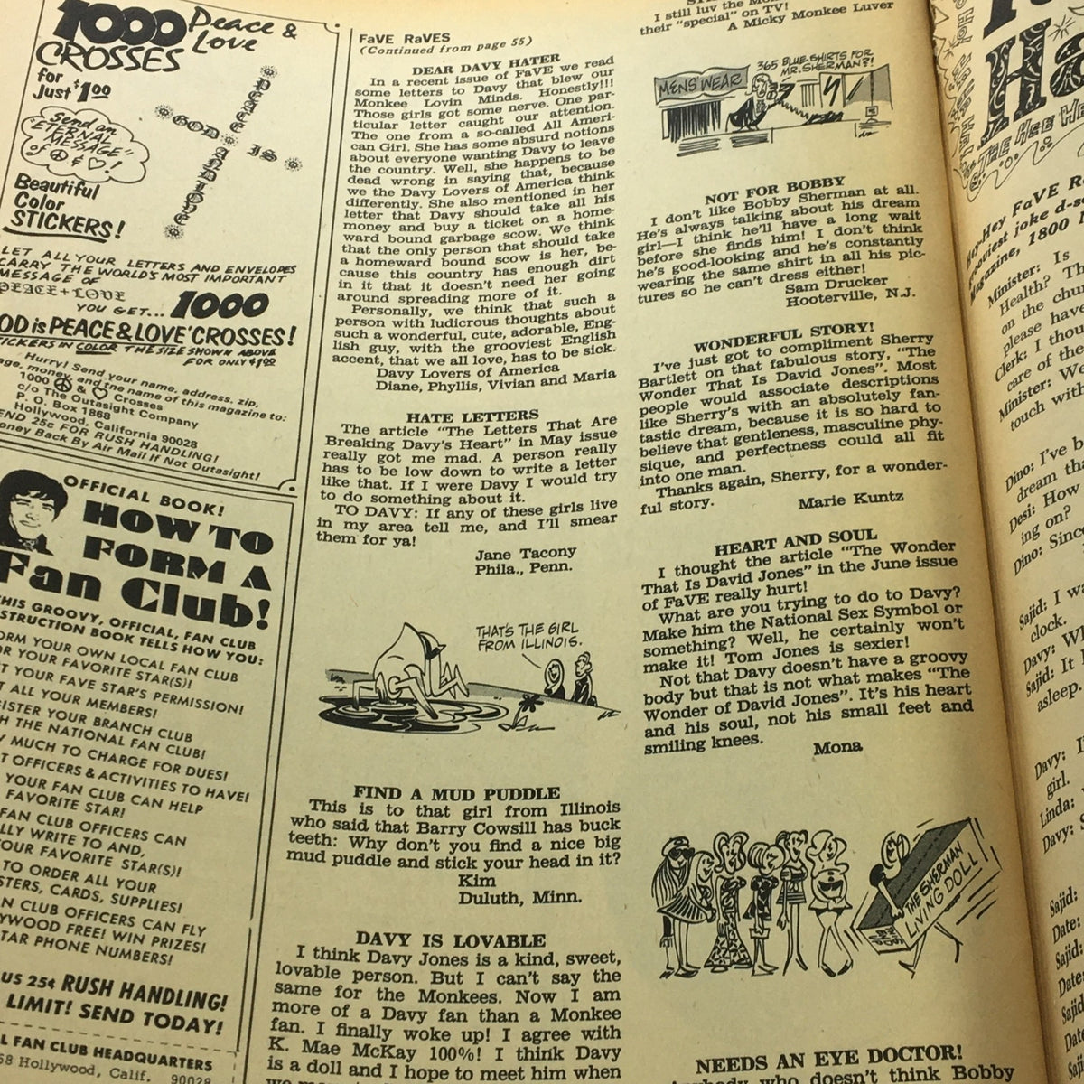 Interior page from VTG Fave Magazine 1968 Vol 3 #1 featuring reader letters and fun fan club activities.