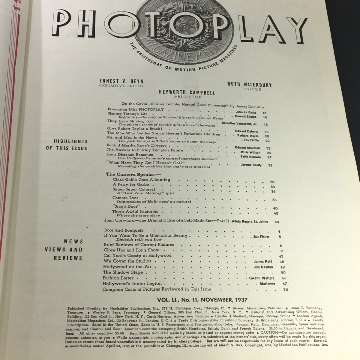 Interior page of the VTG Photoplay Magazine November 1937 displaying the title and table of contents, reflecting the magazine’s connection to iconic film stars like Greta Garbo.