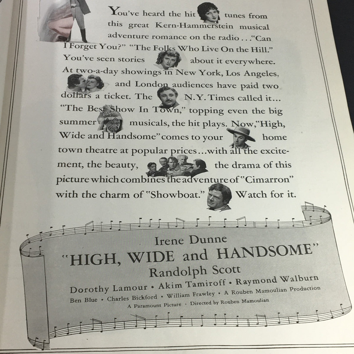 VTG Photoplay Magazine November 1937 advertisement for the film 'High, Wide and Handsome' starring Irene Dunne, with a description of the musical's appeal.