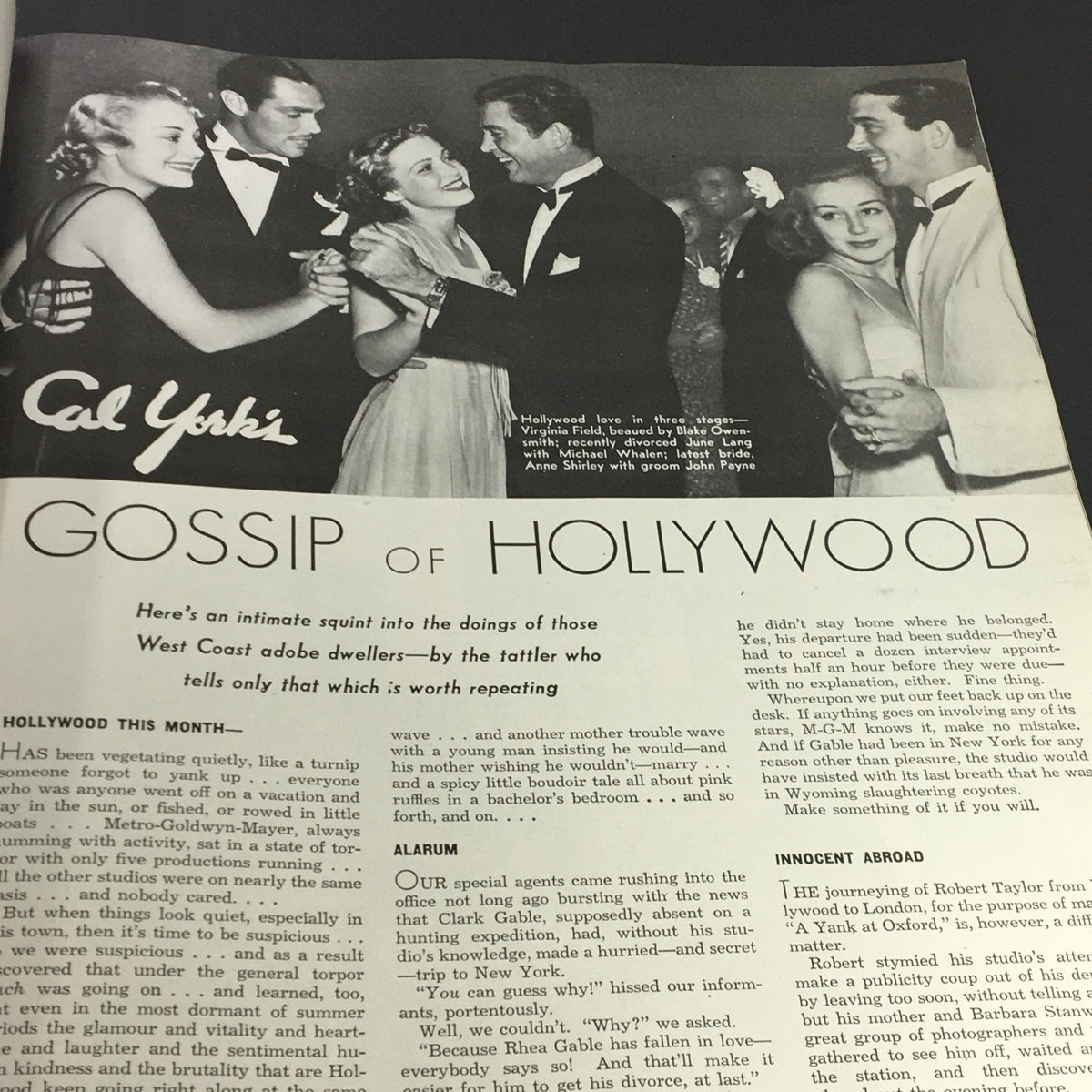 VTG Photoplay Magazine November 1937 section titled 'Gossip of Hollywood' highlighting Hollywood social events and celebrity relationships.