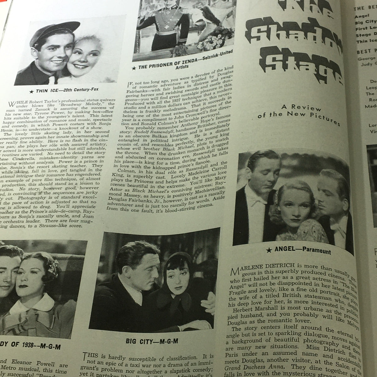 An interior page from the VTG Photoplay Magazine November 1937 featuring reviews of new film releases with images and articles on stars such as Marlene Dietrich, Robert Taylor, and others, highlighting the cinematic glamour of the era.