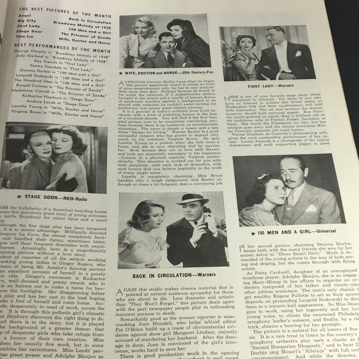 An article page in the VTG Photoplay Magazine November 1937 showcasing the best performances and movies of the month, featuring visuals and descriptions of classic films and actors like George Murphy and Virginia Bruce.