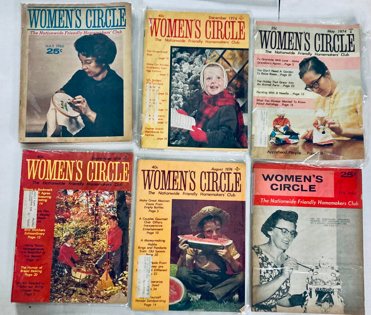 Vintage Women's Circle magazines from 1970s featuring homemaking tips and crafts, highlighting iconic covers from May 1960 to December 1974.