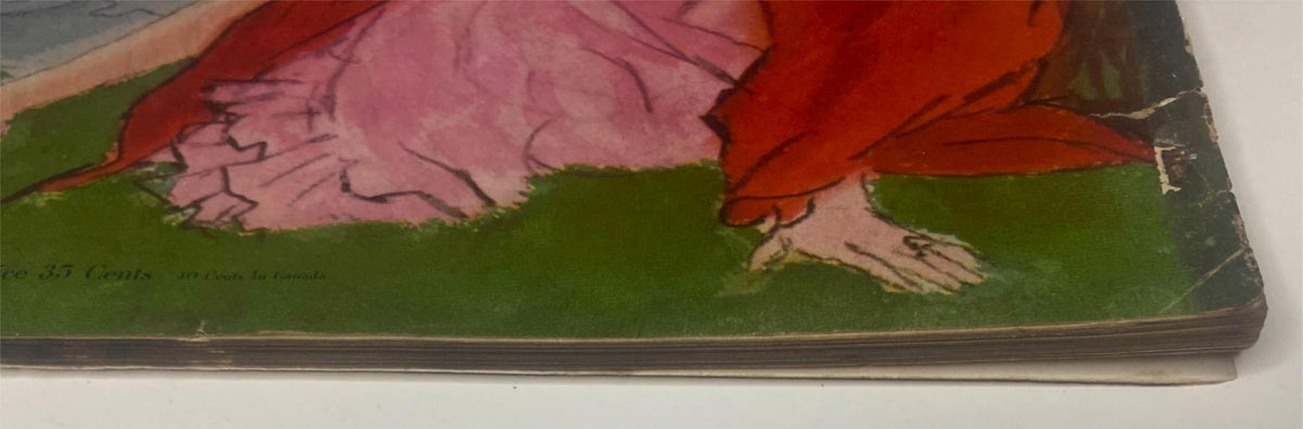 Close-up of the cover of Vogue Magazine June 15, 1947 Joan Pedersen Cover by René Bouché, highlighting the vibrant colors and textures with visible wear along the edge.