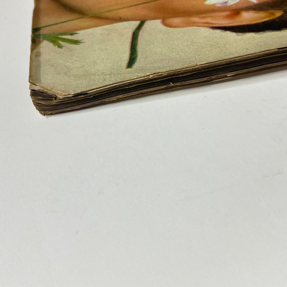 Image showing the edge of the Vogue Magazine May 15, 1944, depicting its aged condition, embodying the vintage allure of mid-20th century publications.