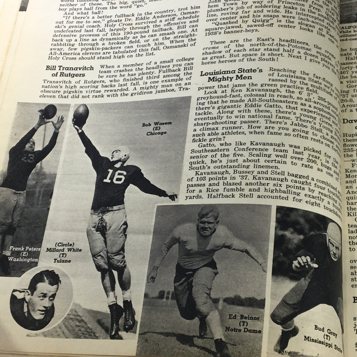 VTG Illustrated Football Annual Magazine 1938 featuring images of football players, including Bill Tranavitch and Bob Waesen, highlighting key athletes of the era.