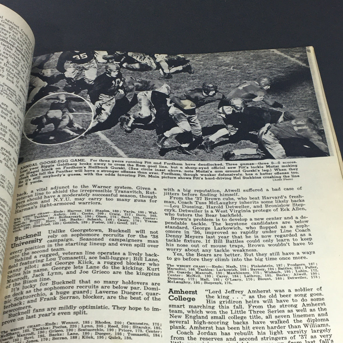 Inside page of the VTG Illustrated Football Annual Magazine 1938, featuring a football game scene and player statistics, showcasing the history of American football.