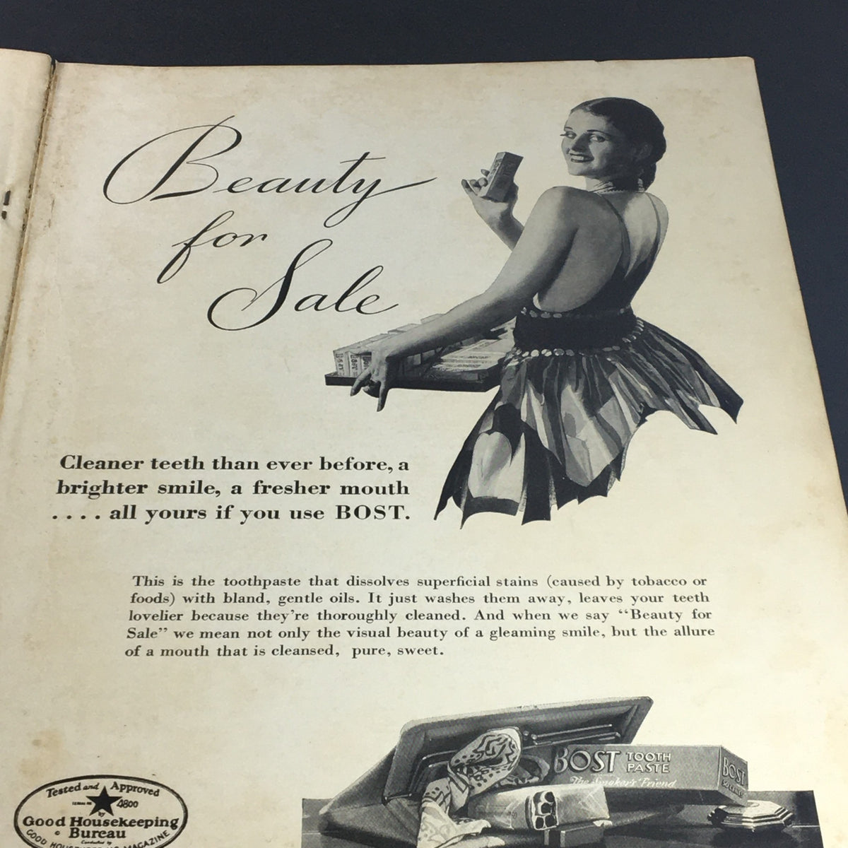 Advertisement page for BOST Toothpaste in the VTG Illustrated Football Annual Magazine 1938, featuring a vintage illustration promoting dental hygiene.