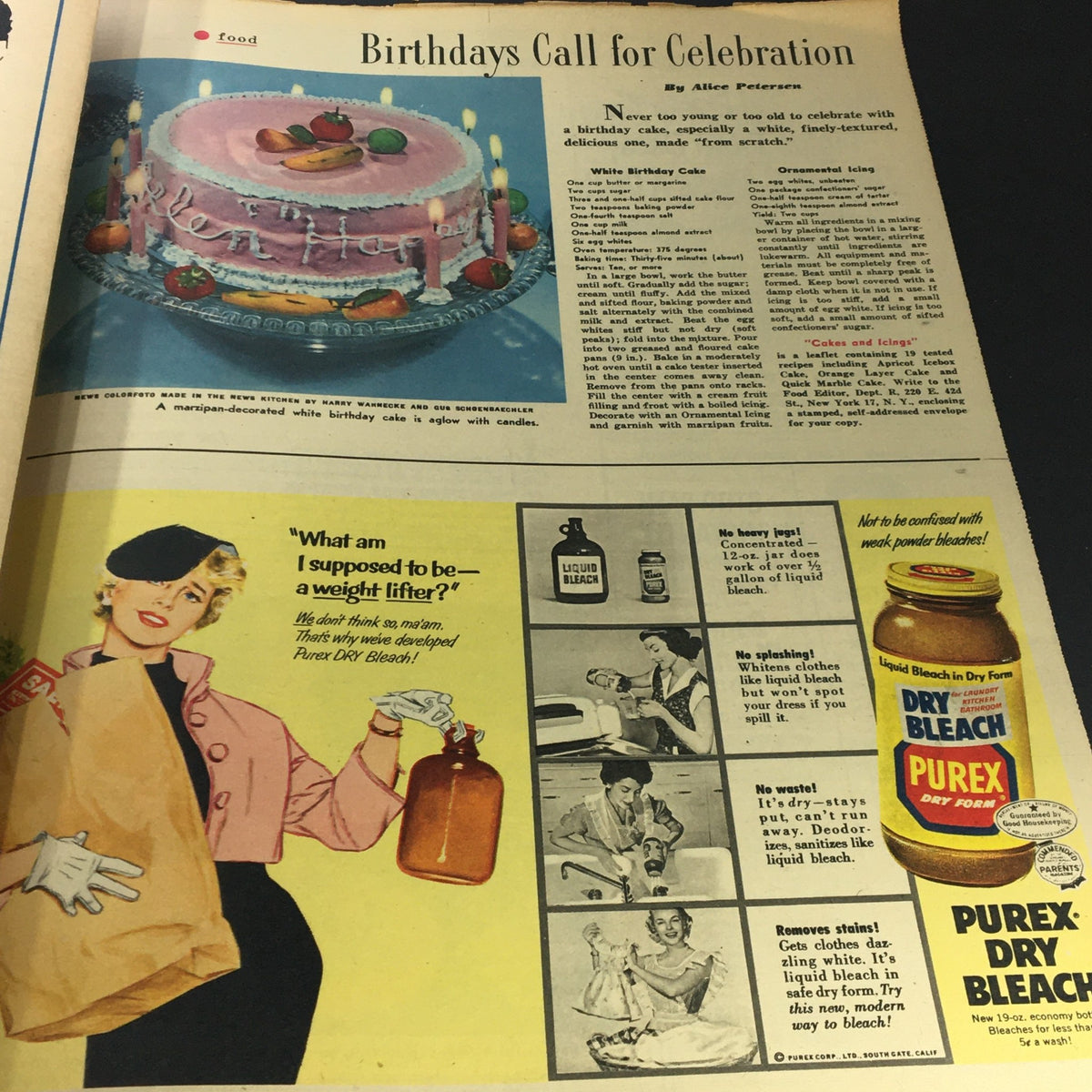 VTG Sunday News Coloroto Magazine March 20 1955 Virginia Mayo Cover featuring a beautifully decorated birthday cake, illustrating nostalgic baking traditions.